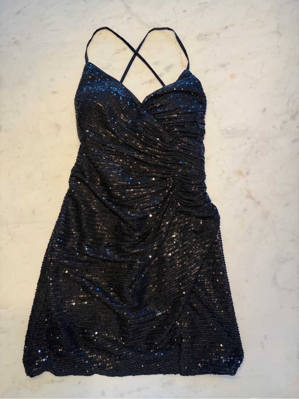 Black Sequin Ruched Slip Dress with Spaghetti Straps / Medium fully lined